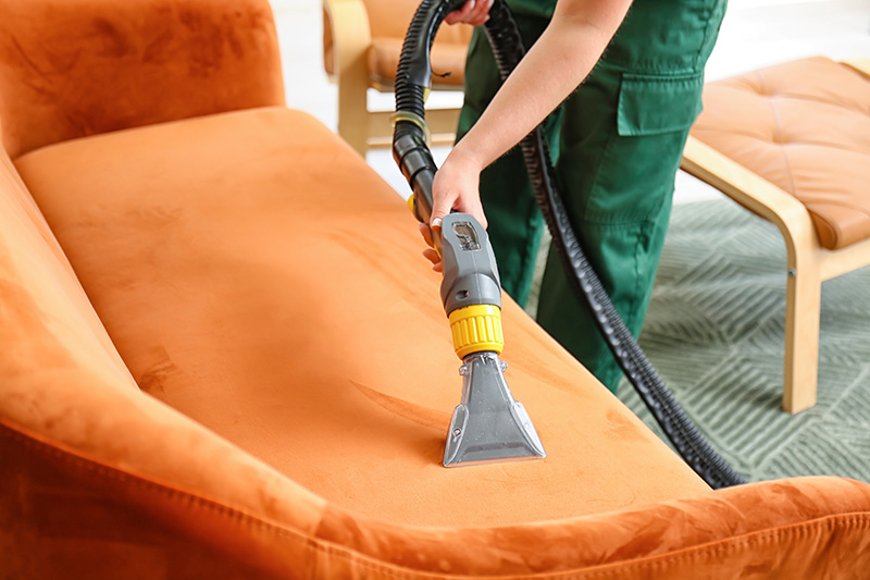 dry cleaner s employee removing dirt from sofa house
