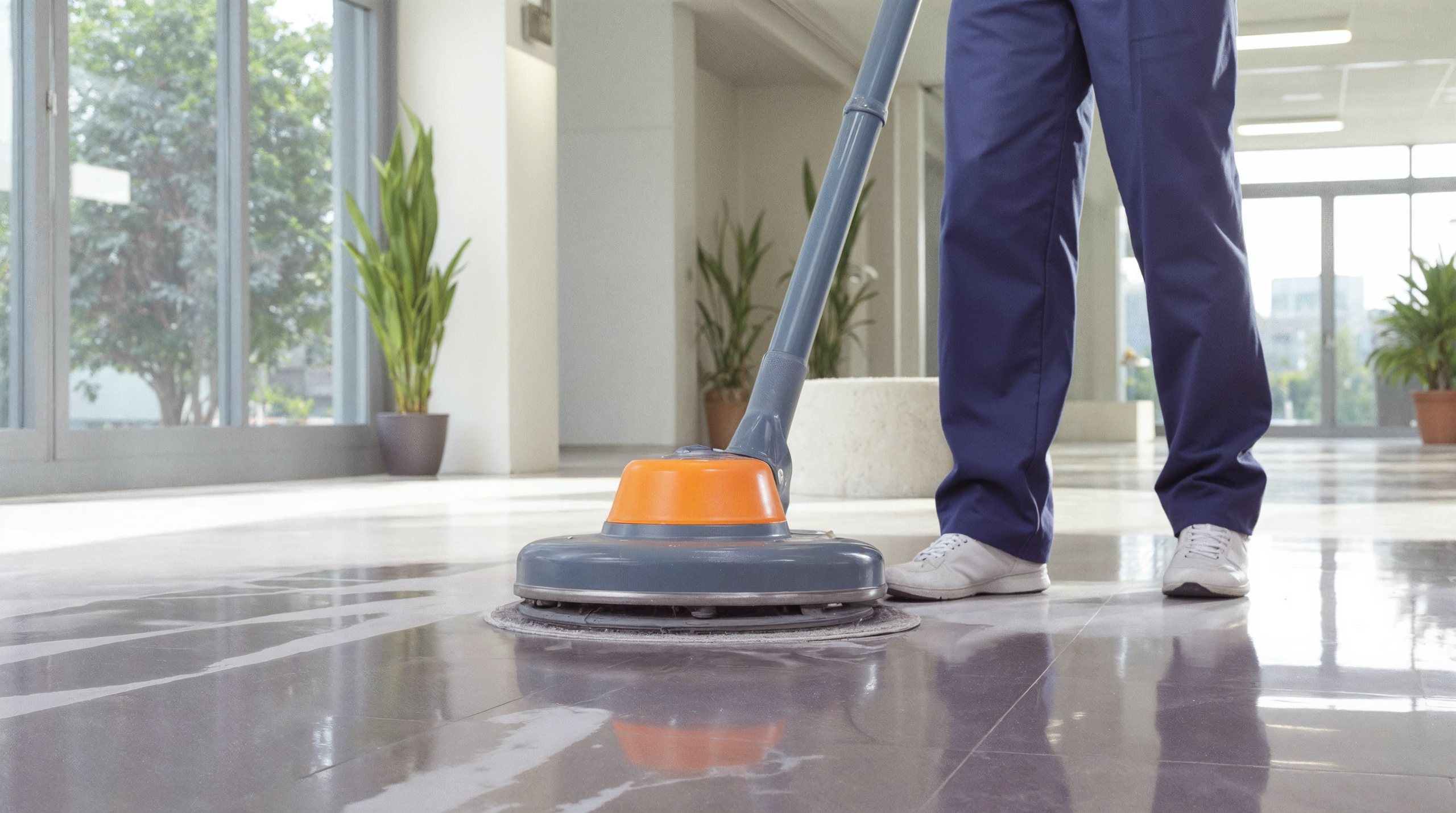 cleaning polished floor with floor care machine scaled